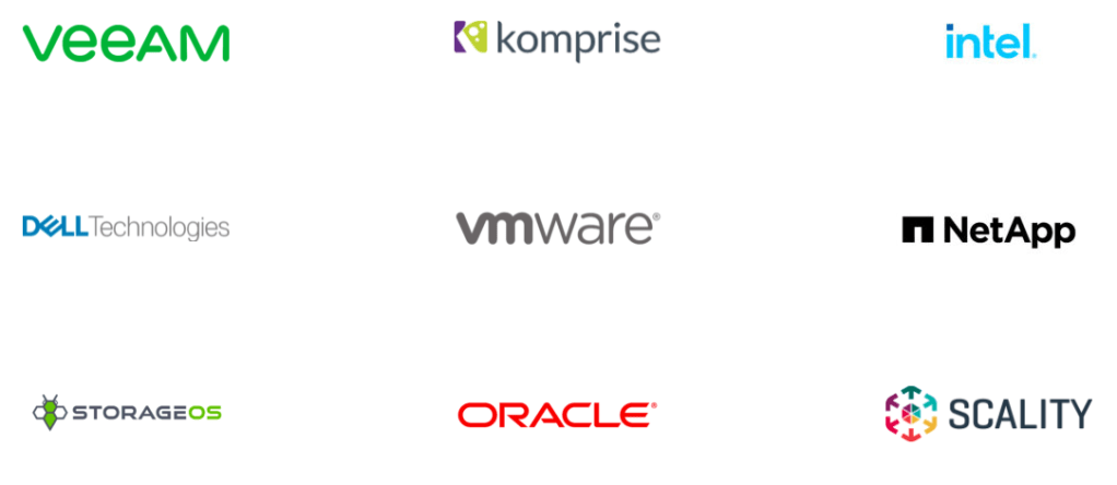 veeAM
DOLL-Technologies
STORAGEOS
komprise
vmware
ORACLE
intel
n NetApp
SCALITY